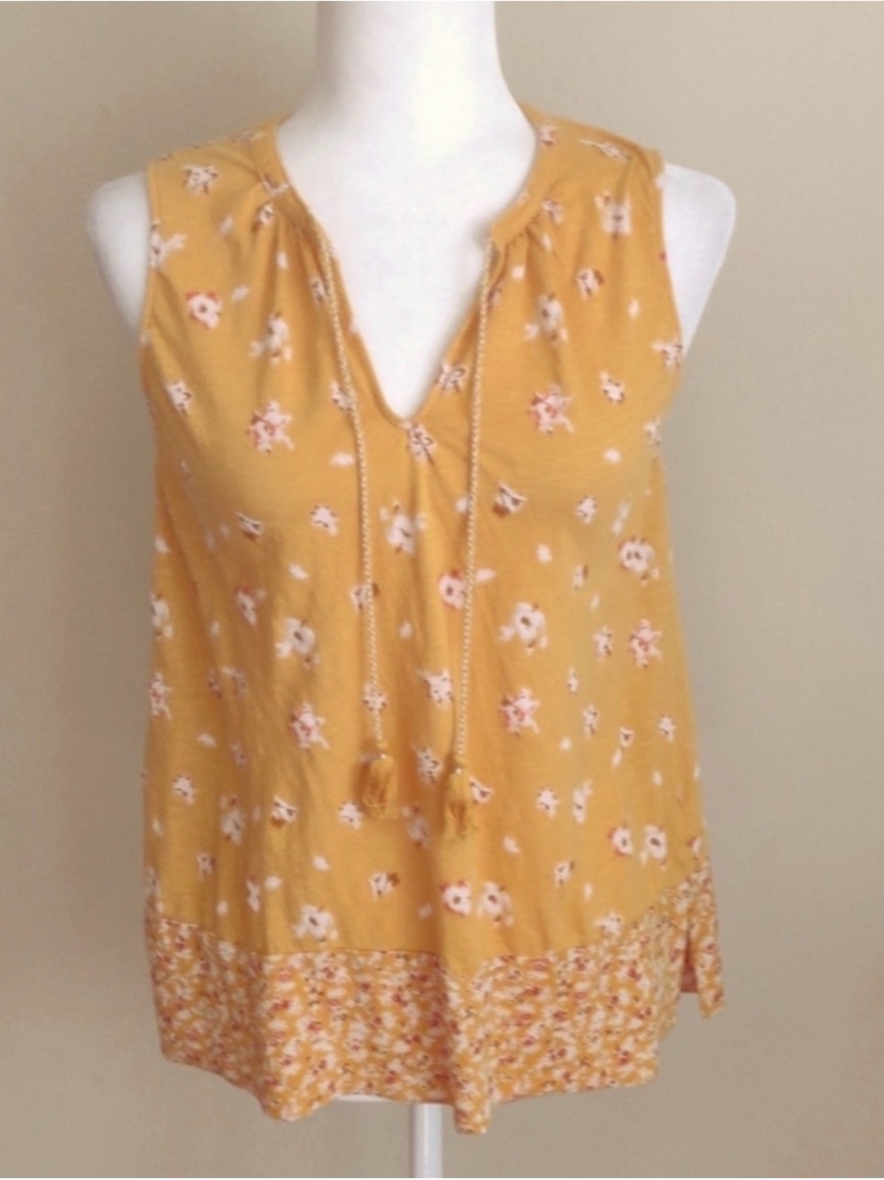 Lucky Brand Mustard Yellow Floral Tassel Tie Tank
